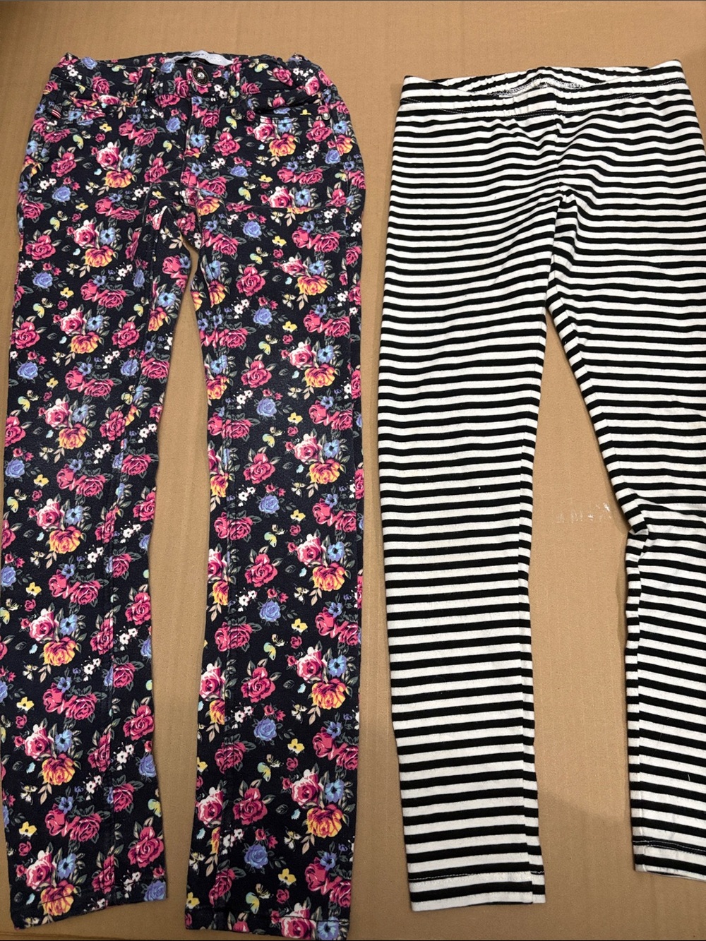 Vigoss Black Floral Leggings & Black-White Striped Leggings - Girls 2-Pack